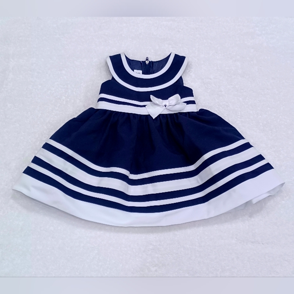 Bonnie Jean Navy and White Baby Girl Dress, Size 12 Months